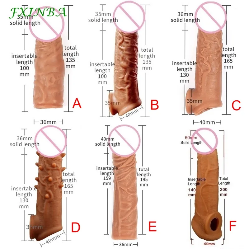 FXINBA 14-20cm Realistic Silicone Penis Extender Sleeve Delay Ejaculation Reusable Condoms Sex Toys For Men Extention