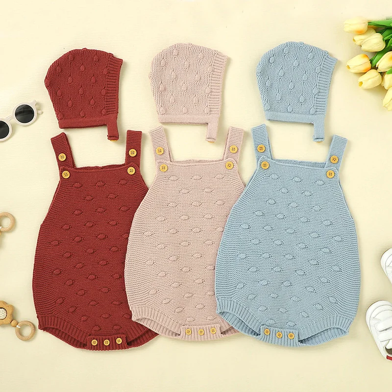 2pcs/Sets 0-18Months Newborn Baby Girl Bodysuits Sleeveless Knitted Infant Pink Strap Jumpsuit Hats Clothes Autumn Winter Outfit