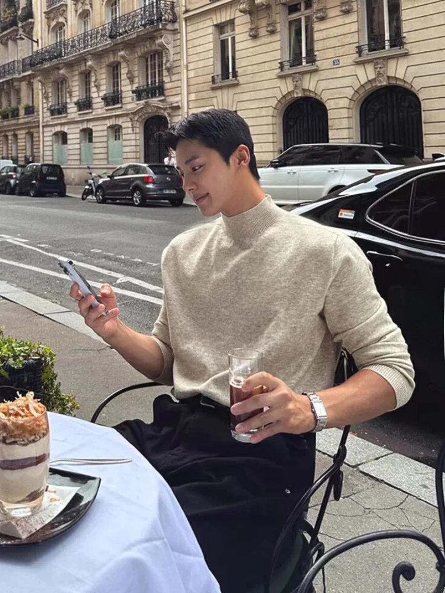 

Men's Slim Fit Long Sve Knitted Sweater f High Collar Wool Core Spun Yarn Base Layer irt Trendy Sle Pure Color