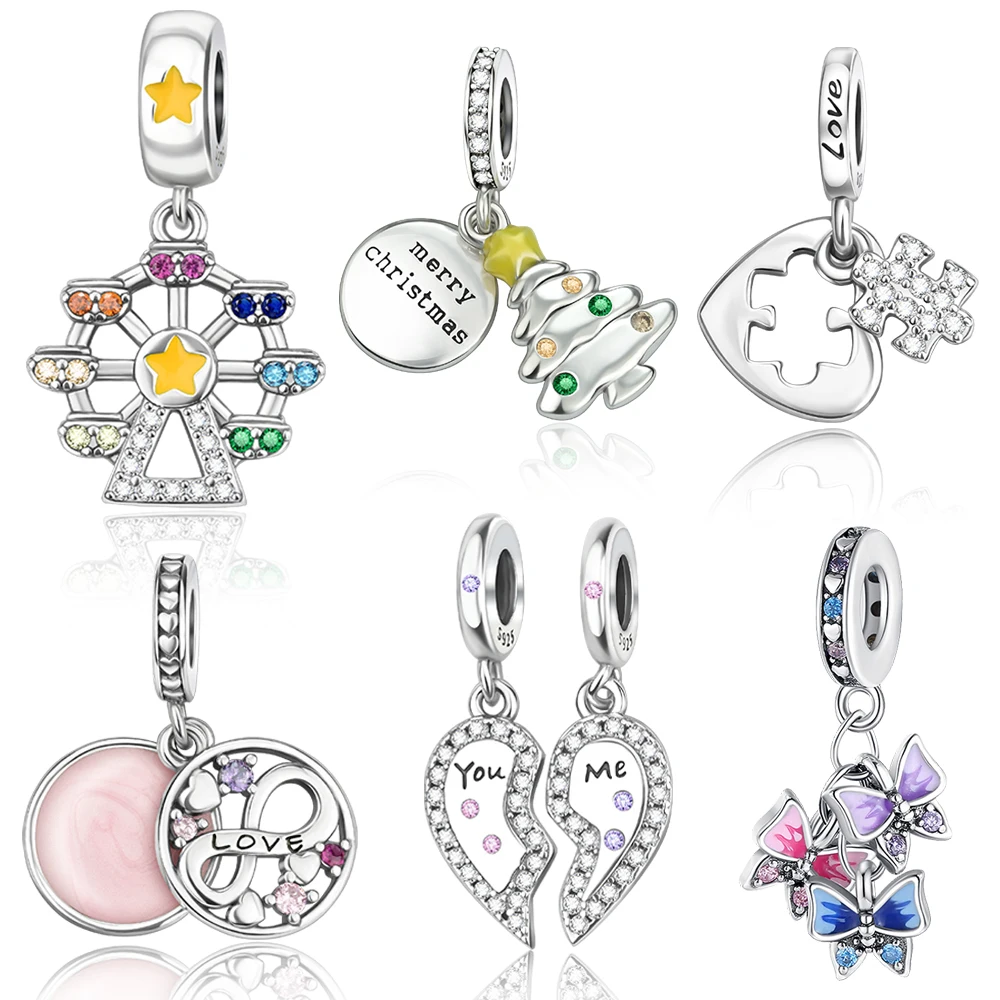 Колесо обозрения из стерлингового серебра 925, головоломка, сердце, рождественская елка, бесконечная и подвеска-бабочка, подходит для браслета «сделай сам», вырез, рождественский подарок