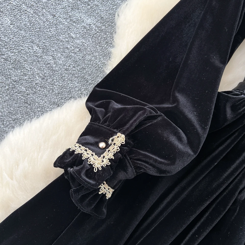 Vintage Elegant Long Sleeve Chic velour Slim Dresses Korean Office High Street Autumn Clothing
