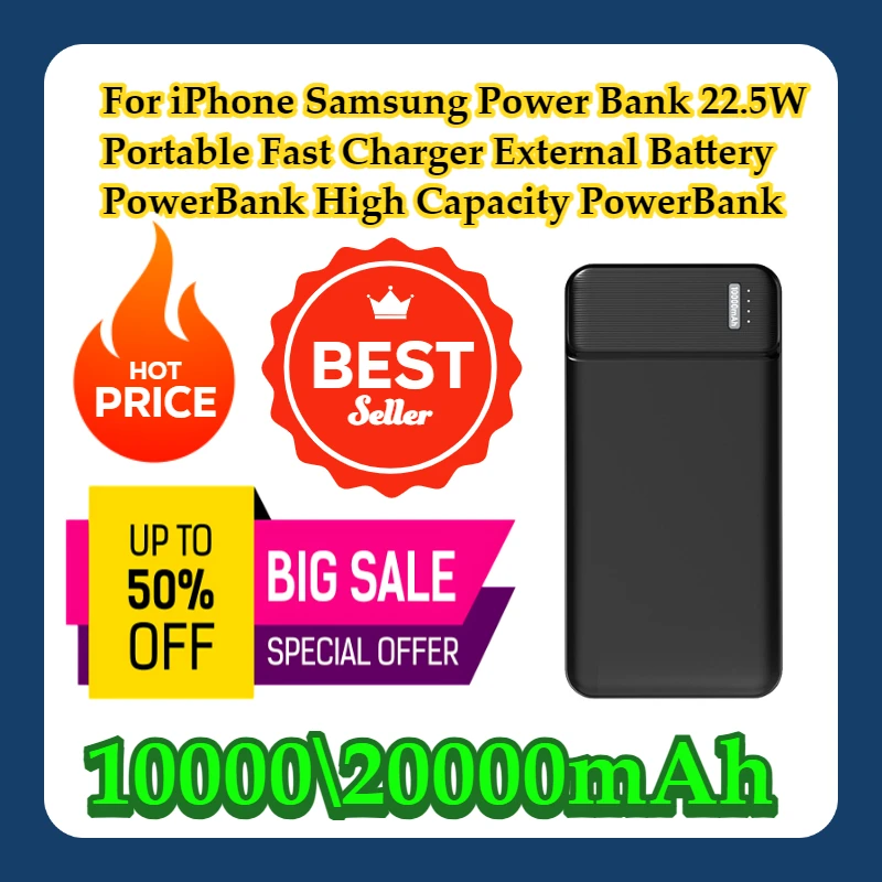 

For iPhone Samsung 20000mAh Power Bank 22.5W Portable Fast Charger External Battery PowerBank High Capacity PowerBank