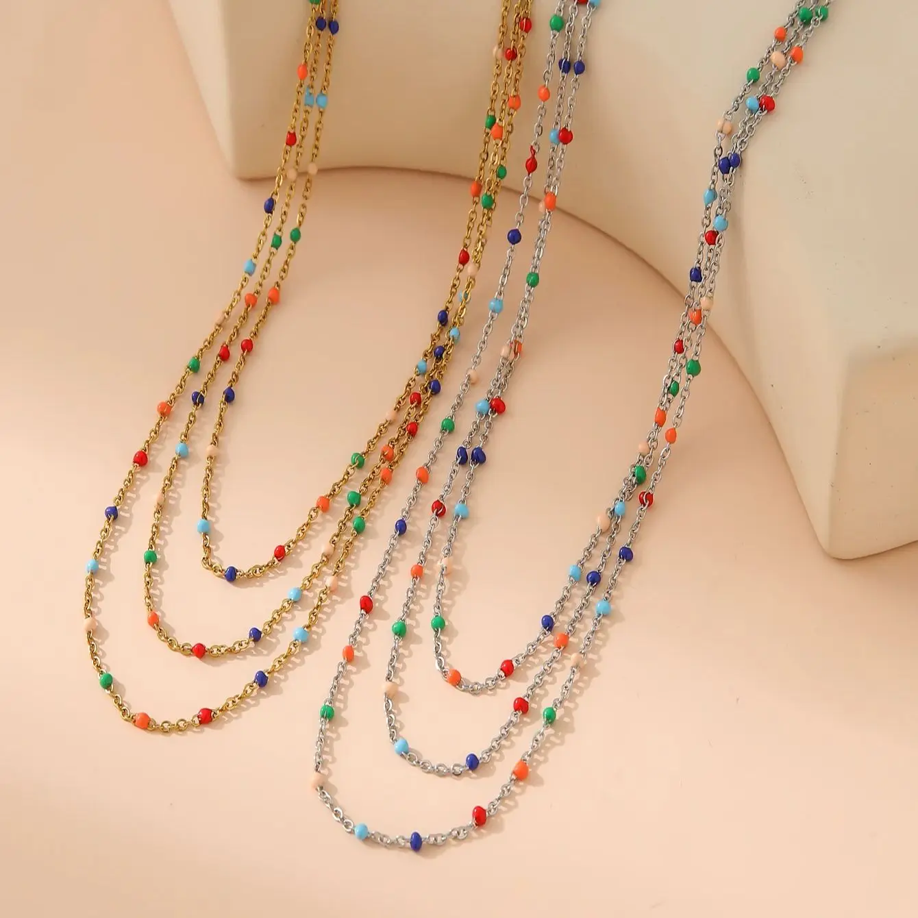 Women Stainless Steel Necklace tiki Multi-color Triple Layers Chain 18k Gold and Silver Multi-Layers Chain Beach Jewelry