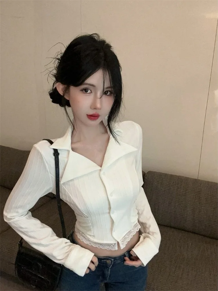 

White Lace Collar Shirt Women's Spring New Style Pure Desire Sweet Spicy Girl Top High Sense Waist Cinch Tie Shirt
