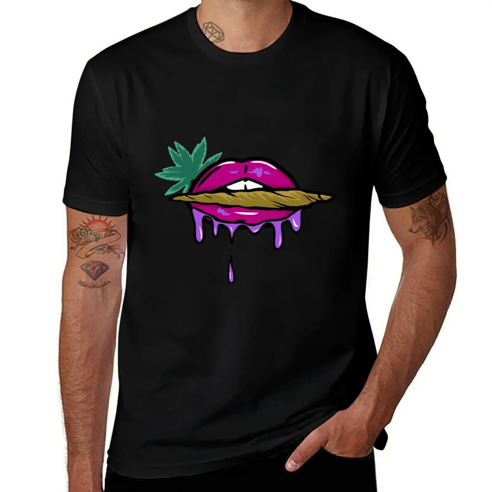 Pink And Purple Dripped Weed Blunt Lips T-Shirt aesthetic clothes cute tops summer top mens funny t shirts