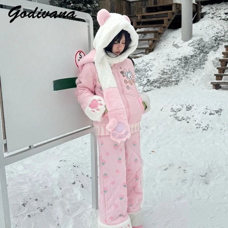 

Оригинальный комплект для девочек: осенне-зимние милые розовые парки и брюки с вышивкой, 2 предмета, женский плюшевый утепленный теплый костюм