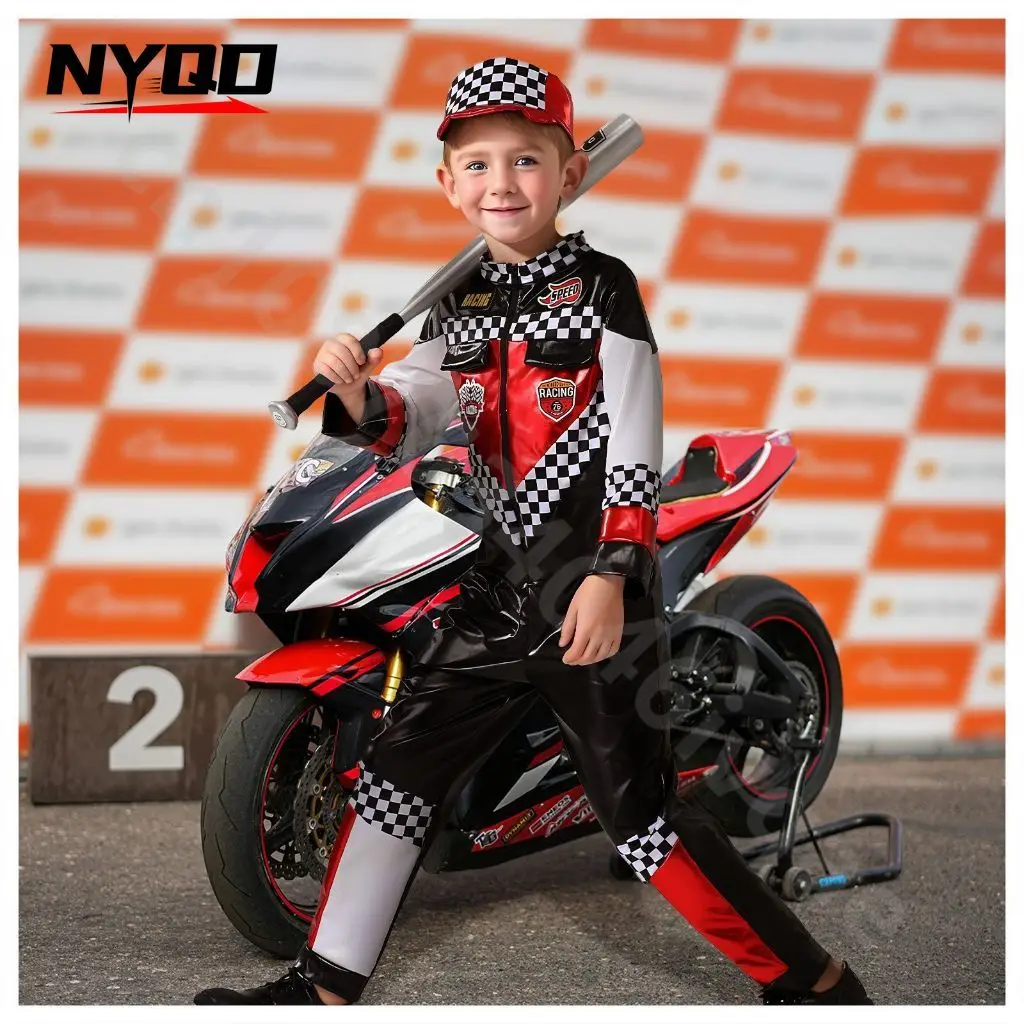 Lolanta Kids Karting Driver Costume Boys Lattice Racing Dress Up Racer Jumpsuit with Cap 3-10 Years