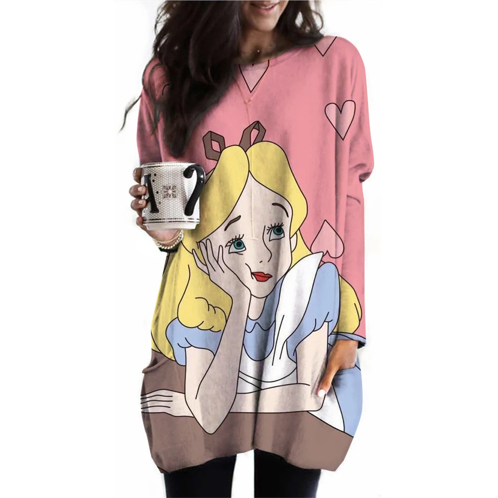 جديد ديزني الأميرة المطبوعة تي شيرت المرأة طويلة الأكمام جيب تي شيرت أعلى الخريف أزياء عارضة قميص المتضخم جولة الرقبة سحب #2