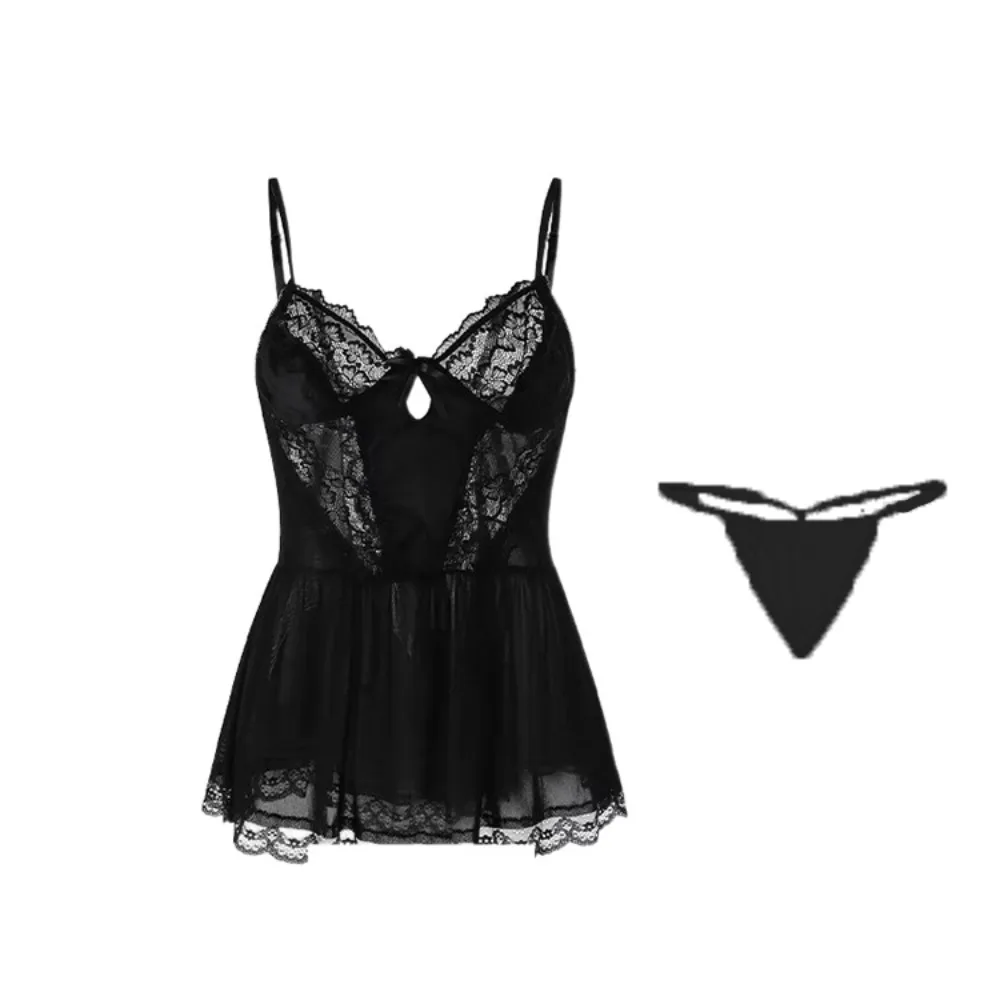 

Fashion Bowknot Lace Nightgown Transparent Women Lingerie Sling Nightwear Sweet Hollow Lace Mesh Nightdress Home