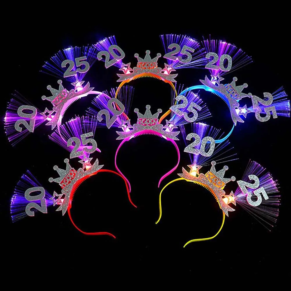 LED Glow 2025 Happy New Year Headband Number Letter Snake Shape LED Glow Hair Bands Plastic Optic Fiber Light Up