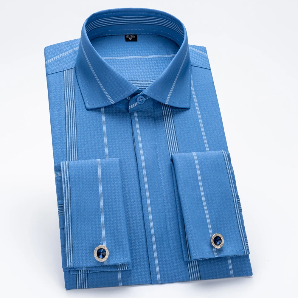 Men's Luxury Striped French Cuff Dress Shirt No Pocket | Wrinkle Free Long Sleeve Concealed Placket Slim Fit Wedding Top