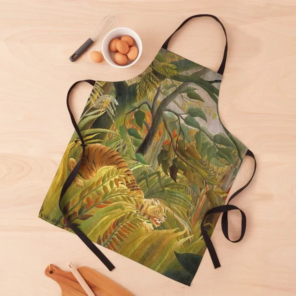 Henri Rousseau Surprised! (Tiger in a Tropical Storm)1891 Apron For Men for women with pocket nail tech supplies Apron