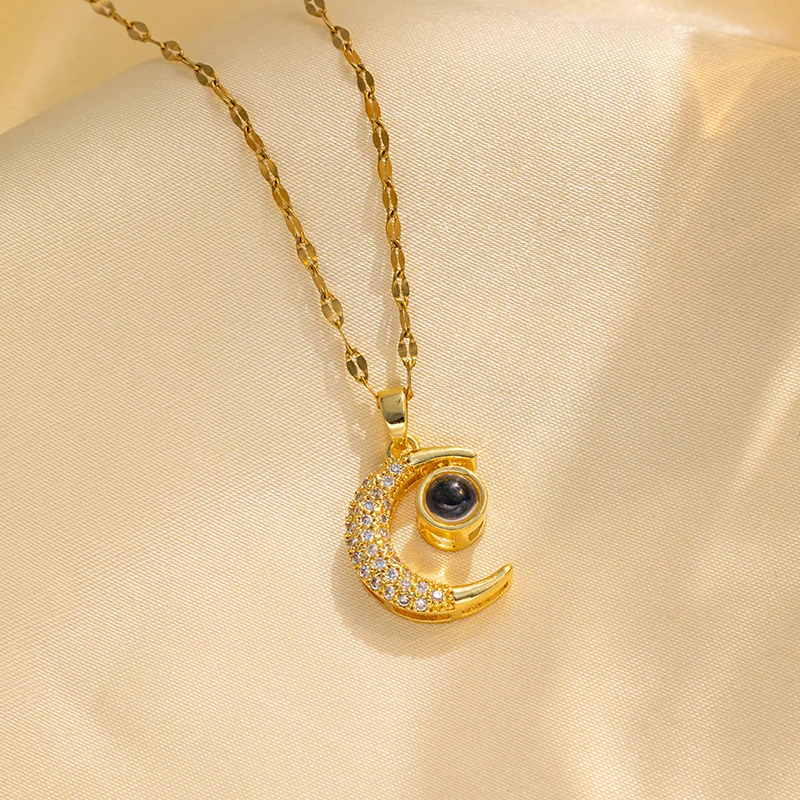 ANENJERY 316L Stainless Steel Moon Star Inlaid Zircon Necklace for Women Design Clavicle Chain Jewelry Gift Party Wholesale