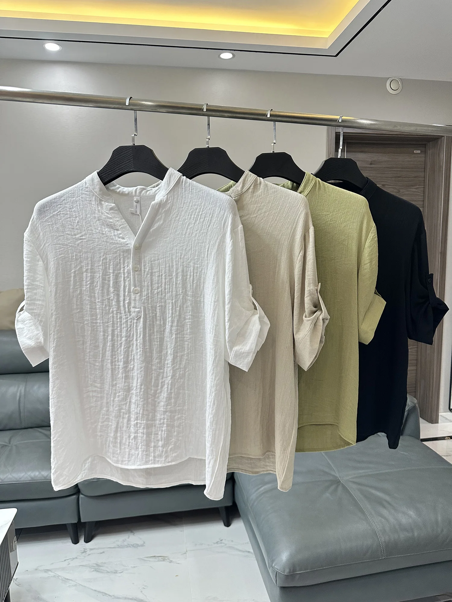 New Chinese Style Men's Business Short Sleeve Shirt Adjustable Cuff Stand Collar Commuter Fashionable Breathable Comfortable