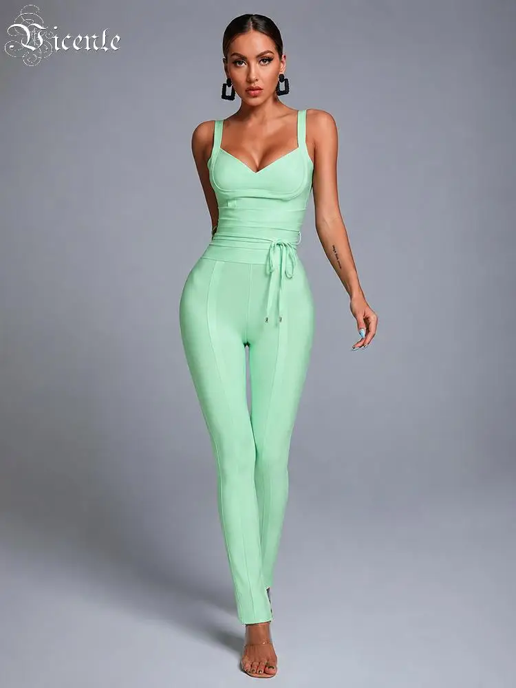 VC Mint Green Bandage Jumpsuit Sleeveless Sweetheart Neck Bodycon One Piece Romper High Waist Waist Slim Fit Stretch Long Pants