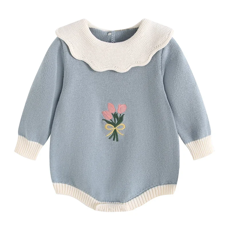 2026 neue Frühjahr 0-24 M Kleinkind Baby Mädchen Gestrickte Strampler Lange Ärmeln Floral Stickerei Infant Baby Mädchen gestrickte Overall