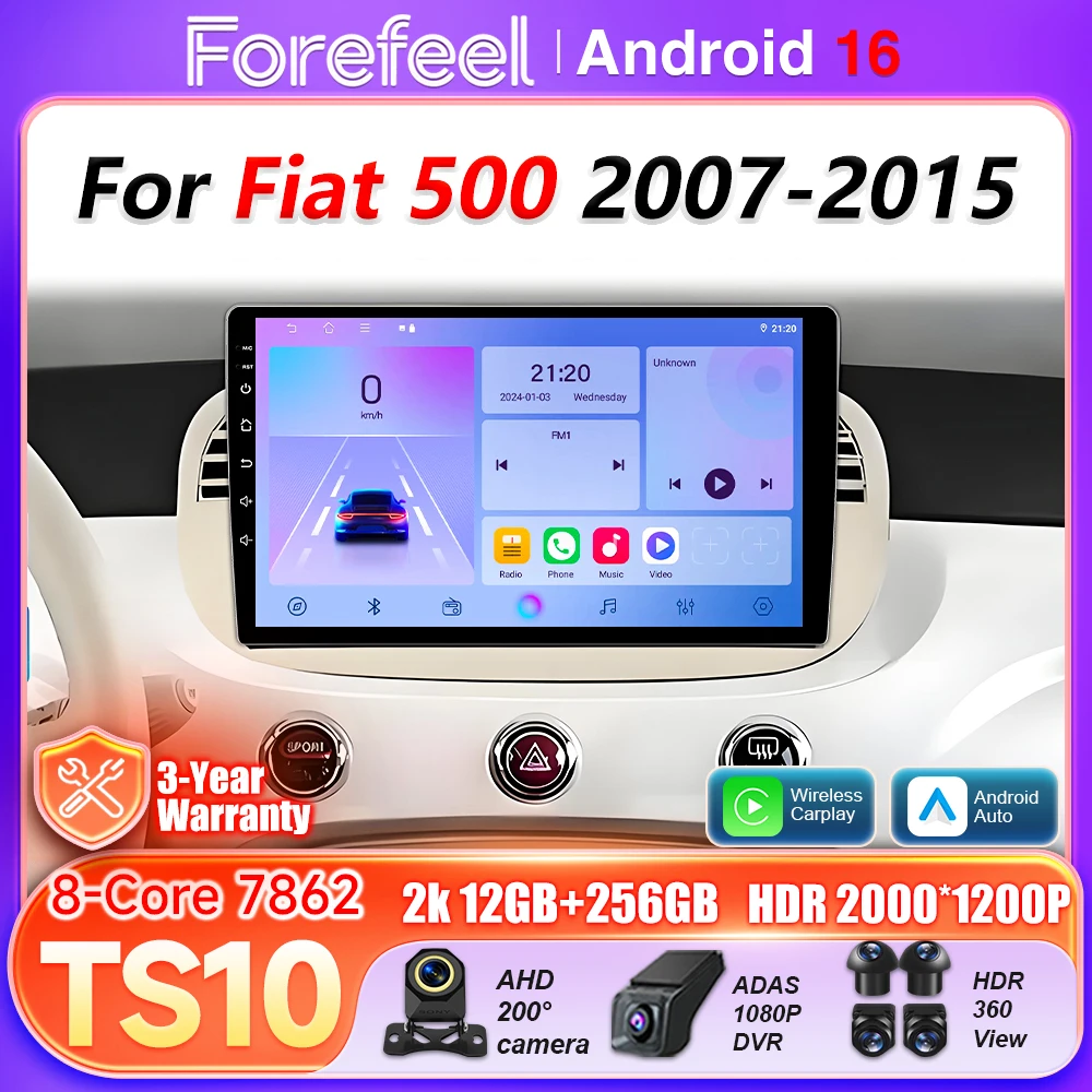 Android16 Auto Car Radio For Fiat 500 2007 2008 2009 - 2015 Carplay Multimedia Player 5G Wifi Video BT GPS Navigation Wireless