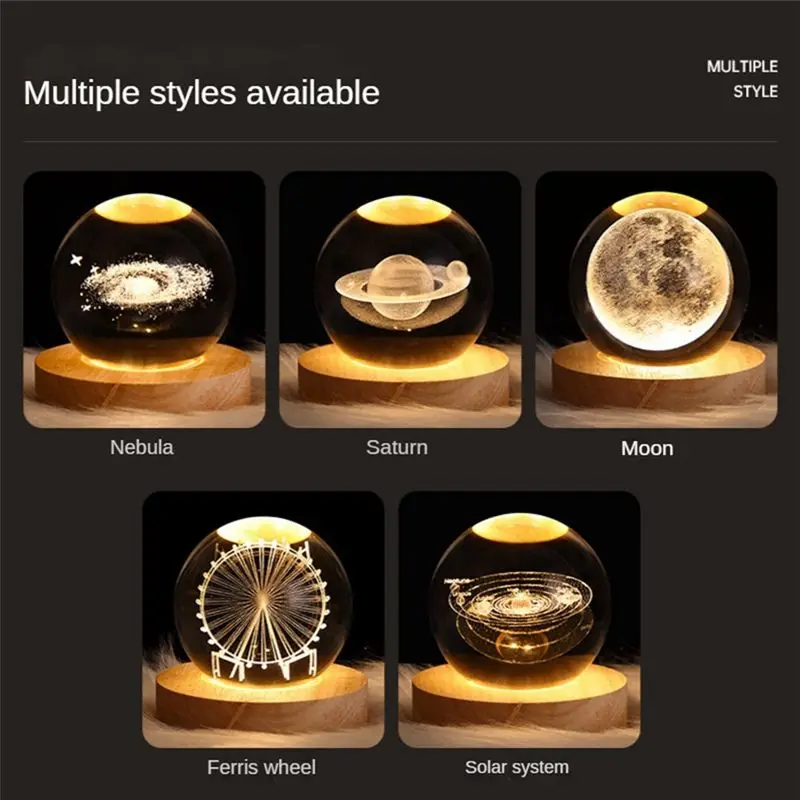 *A99Z Crystal Ball Night Light with Base LED Table Lamp Lighted Stars Galaxy USB Power Warm Night Light Solar System for Kid