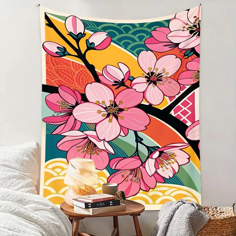 1PC Sakura Japanese Art Print Backdrop Banner, Bedroom Living Room Photo Background, Polyester, Home Decor, Wall Art