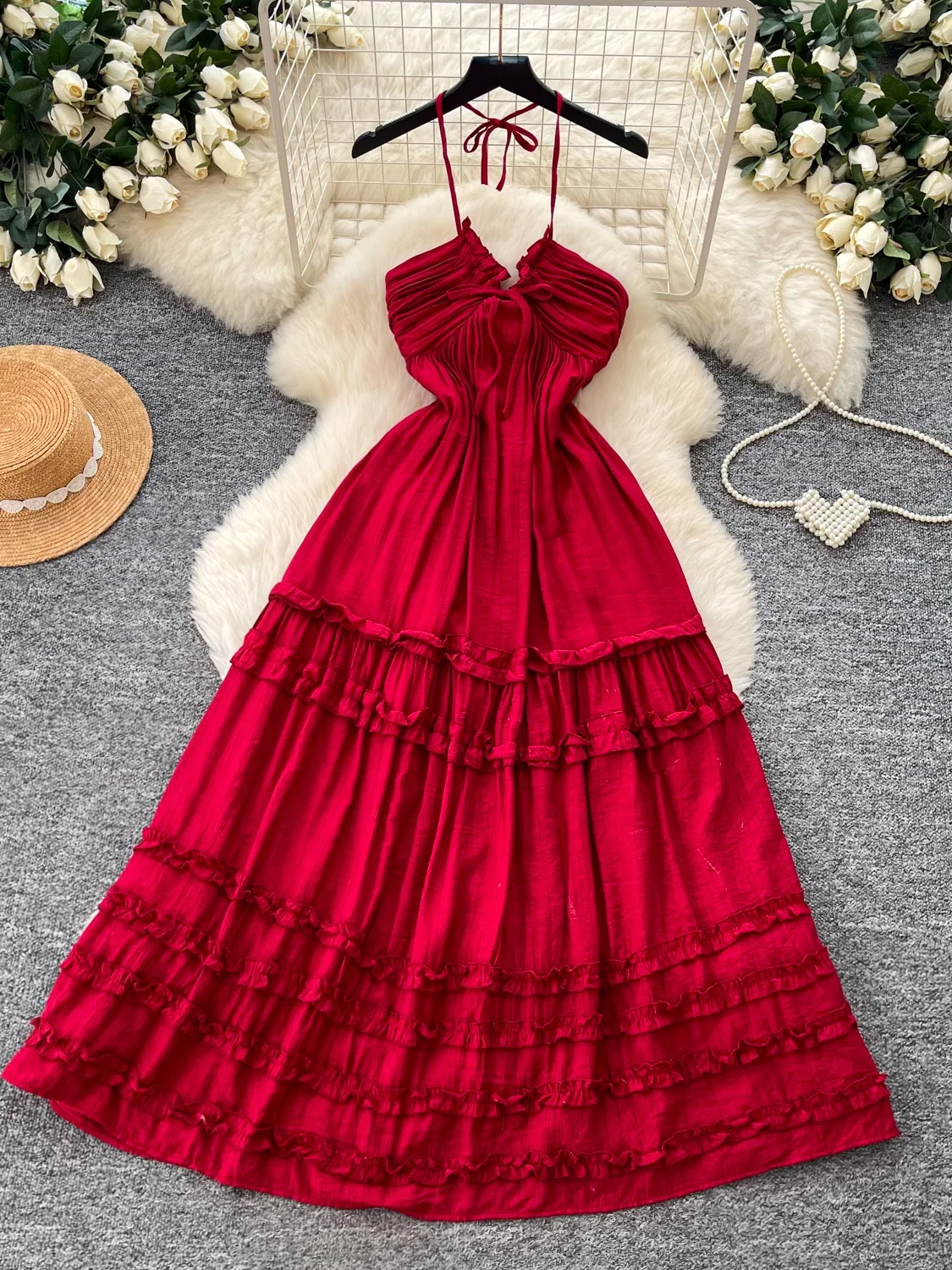 

Сексуальное пляжное платье для отпуска, с открытой спиной, на бретелях, длинное, женское, в корейском стиле, с завышенной талией, А-силуэт, летнее платье