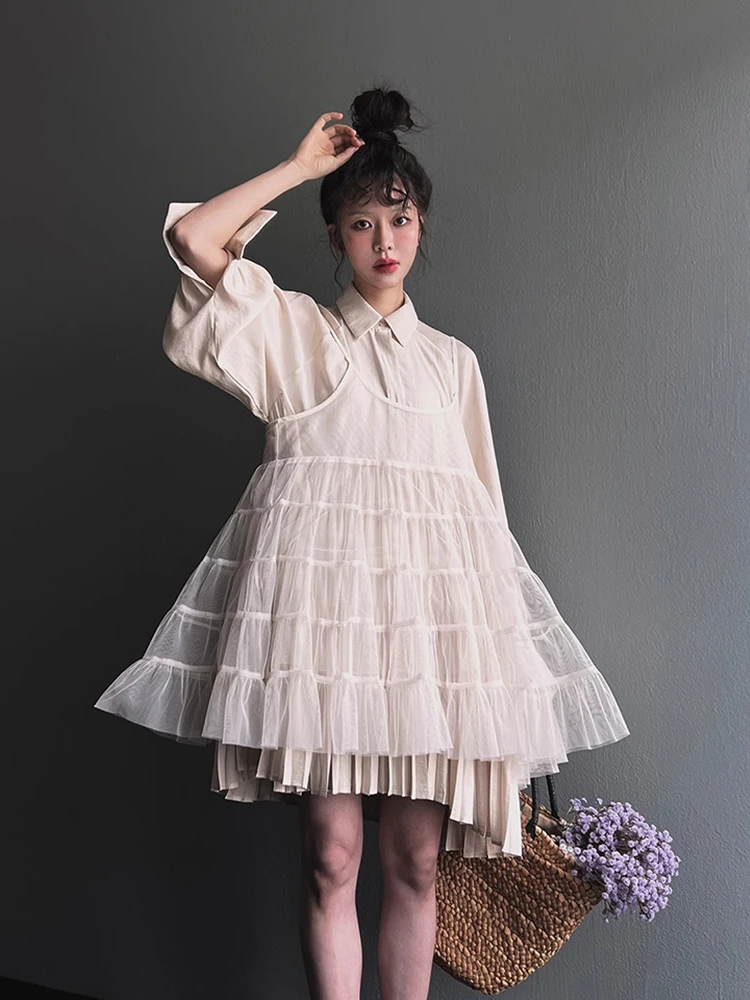 Korobov Korean Fashion Chic Dress Summer French U-neck Splicing Dresses Layer Through Mesh Halter Cute Dress Female Vestidos