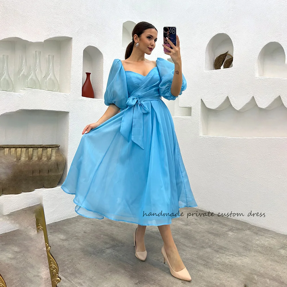 

Sky Blue Organza A Line Prom Party Dresses Half Sleeve Bow Ribbons Elegant Evening Prom Gowns Tea Length Celebrate Event Dress