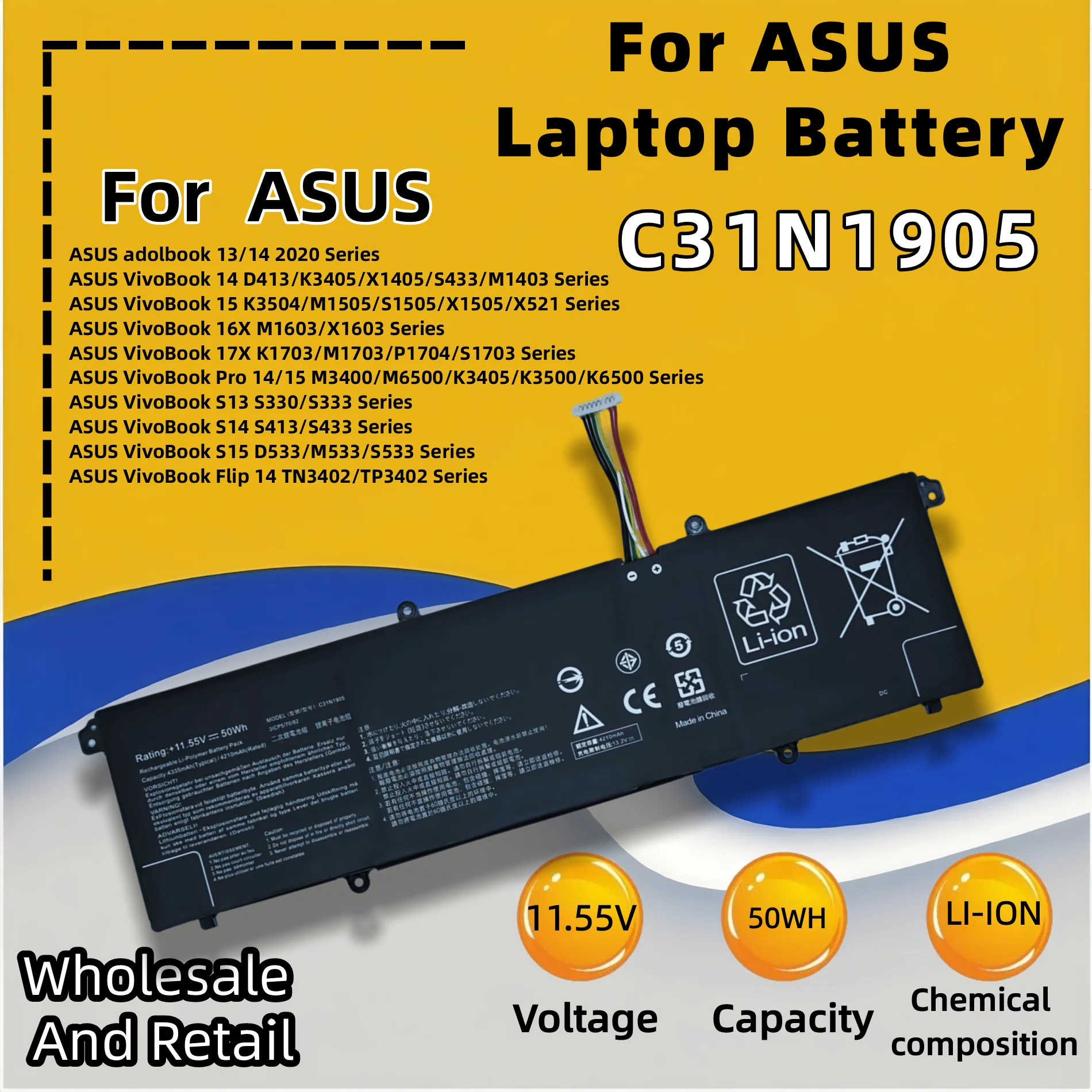 FRLESUI C31N1905 Replacement Laptop Battery For Asus adolbook13 adolbook14 2020, 11.55V 4335mAh 50Wh  Brand New,13M Warranty