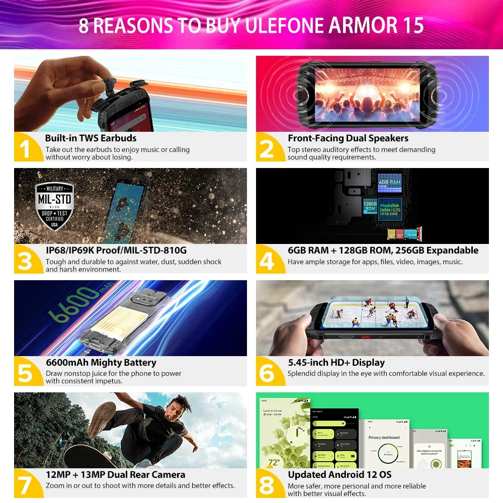 Imagem -02 - Ulefone-armor 15 Smartphone Robusto Android 12 5.45 Helio G35 Fones de Ouvido Tws Embutidos Telefone Móvel 4g Nfc 6gb Mais 128gb 6600mah