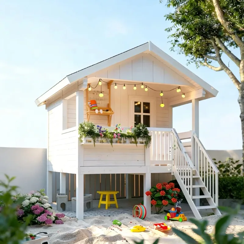 Outdoor Kids Wooden Playhouse Wooden Cottage with String Lights Garden House Tiny House