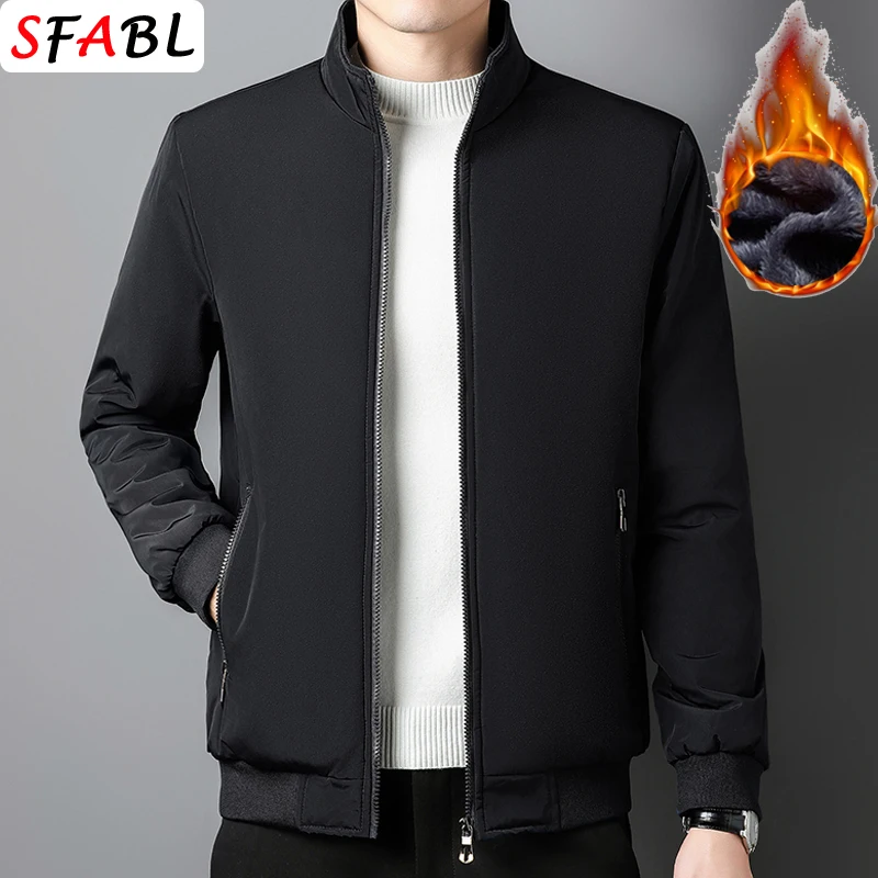 Luxury Autumn Winter Warm Parka Jacket Men Fleece Casual Vintage Parkas Outerwear Solid Color Mens Fashion Stand Collar Jackets