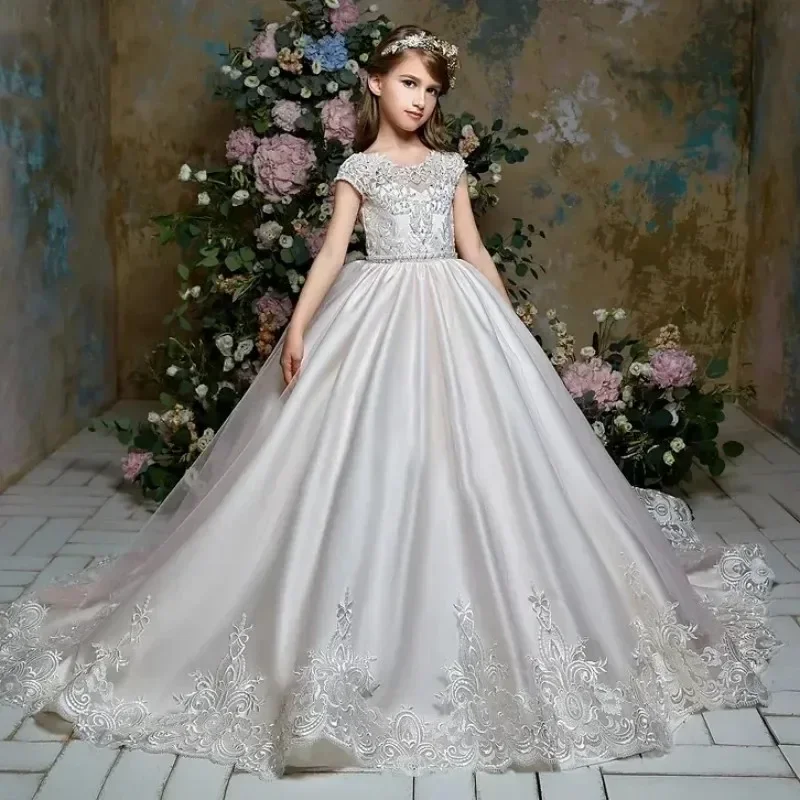 

Flower Girl Dresses Birthday Party Pageant Banquet Princess Gowns White Satin Patterned Embroidery With Lace Hem For Wedding