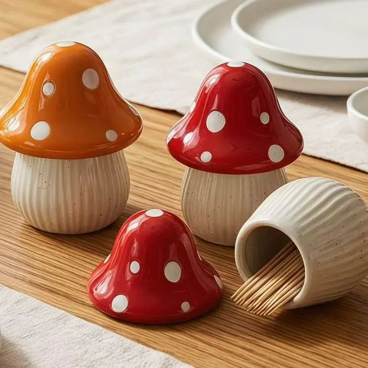 Cartoon Mushroom Ceramic Storage Jars Home Desktop Toothpick Holder Cotton Swab Organizer Kitchen Bathroom Decoratives Container view 2