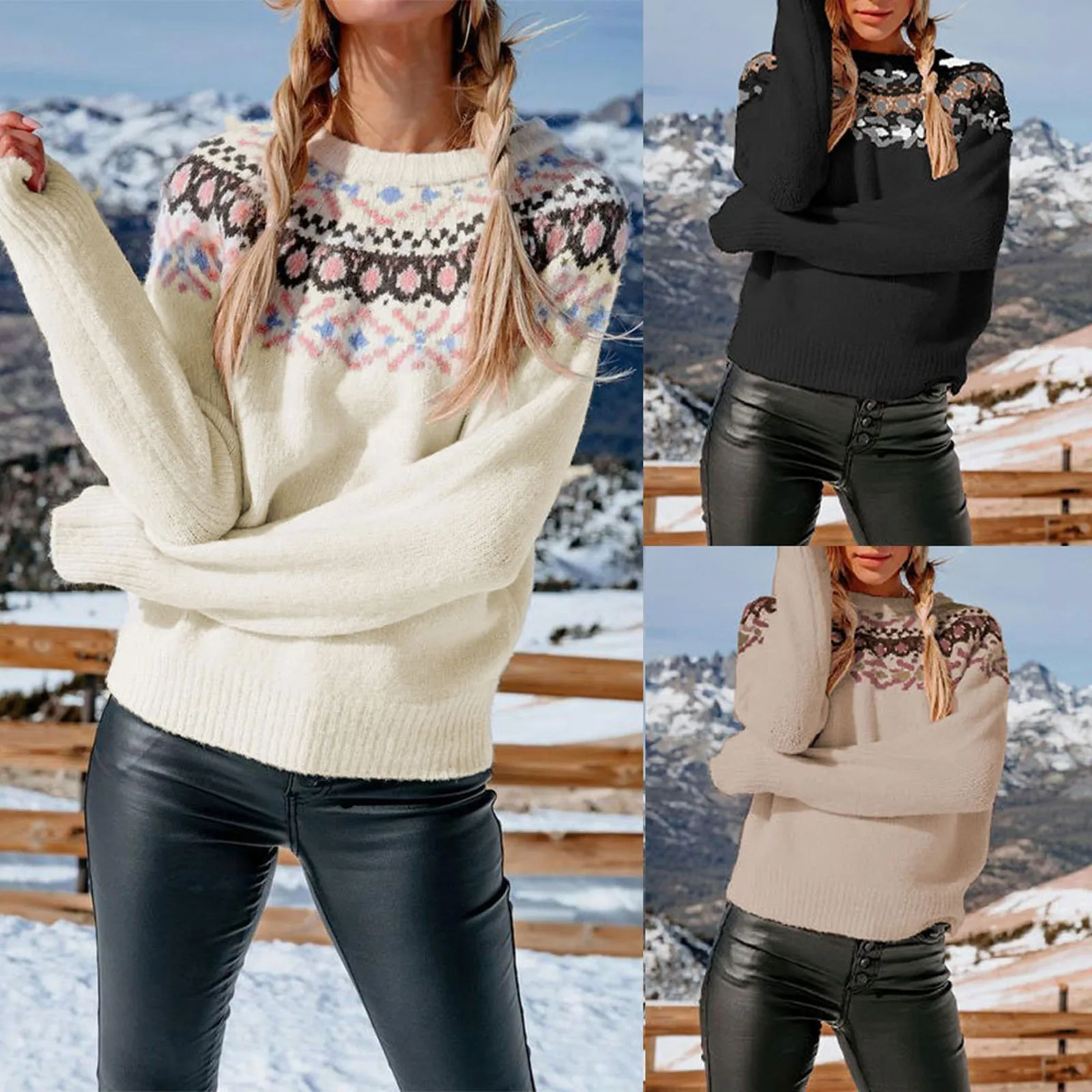 Vintage Autumn Winter Sweater Women Clothing 2022 Jumper Knit Winter Tops Patchwork Boho Slim Pullover 2024 Female Top