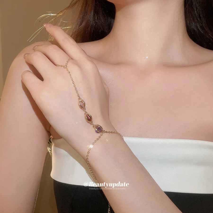 Boho Gemstone Finger Ring Slave Bracelet Delicate Hand Chain Jewelry Vintage Layered Wrist Ankle Harness Accessories For Women