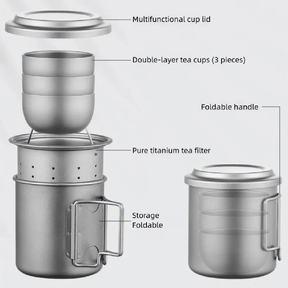 Pure Titanium 420ml Travel Tea Mug Set with Tea Infuser Ultra Light Portable Titanium Tea Set for Home Outdoor Travel