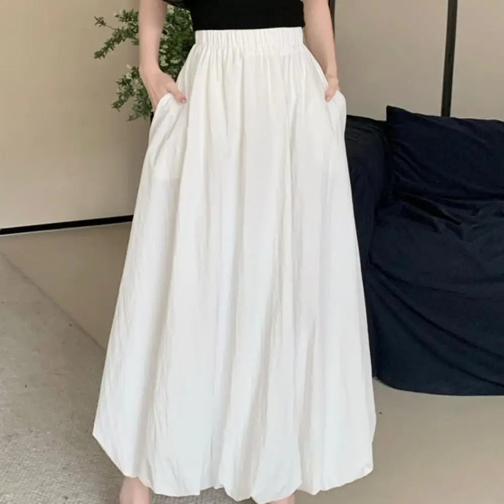 High-waisted Skirt Spring Summer Bubble Maxi Skirt Elastic High Waist Lantern Skirt Ankle-length A-line Solid Color Streetwear