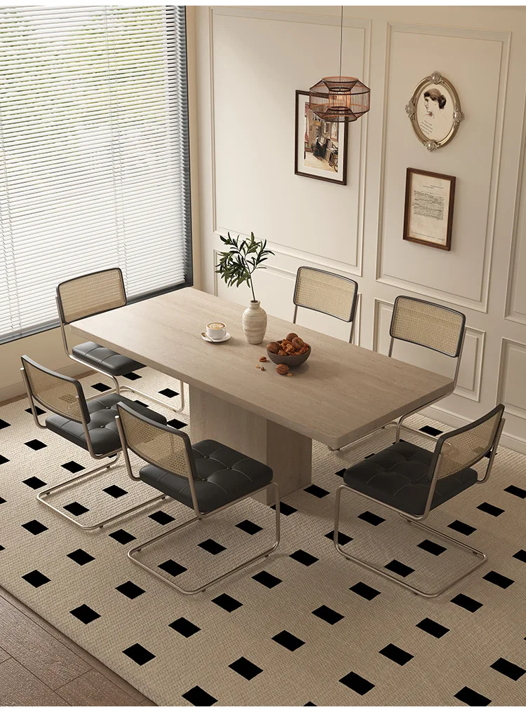 LTT French retro travertine rock slab dining table Modern simple medium and antique rectangular dining table