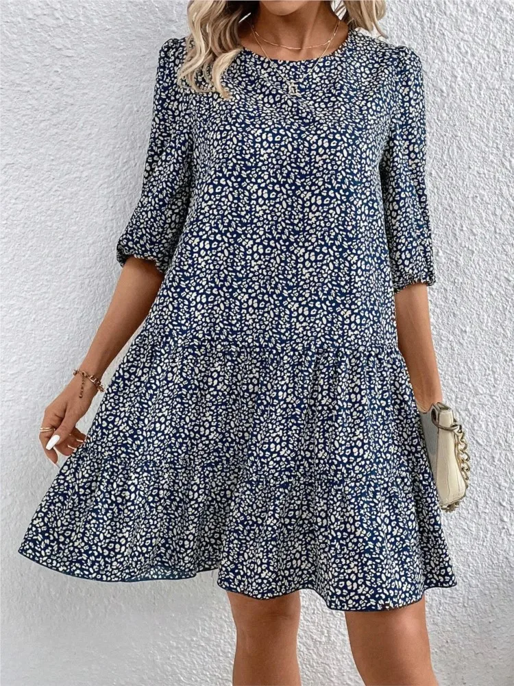 

New Spring And Summer Fashion Floral Short-sleeved Dress Women's Simple Round-neck Casual Loose Comfortable Mini Dresses