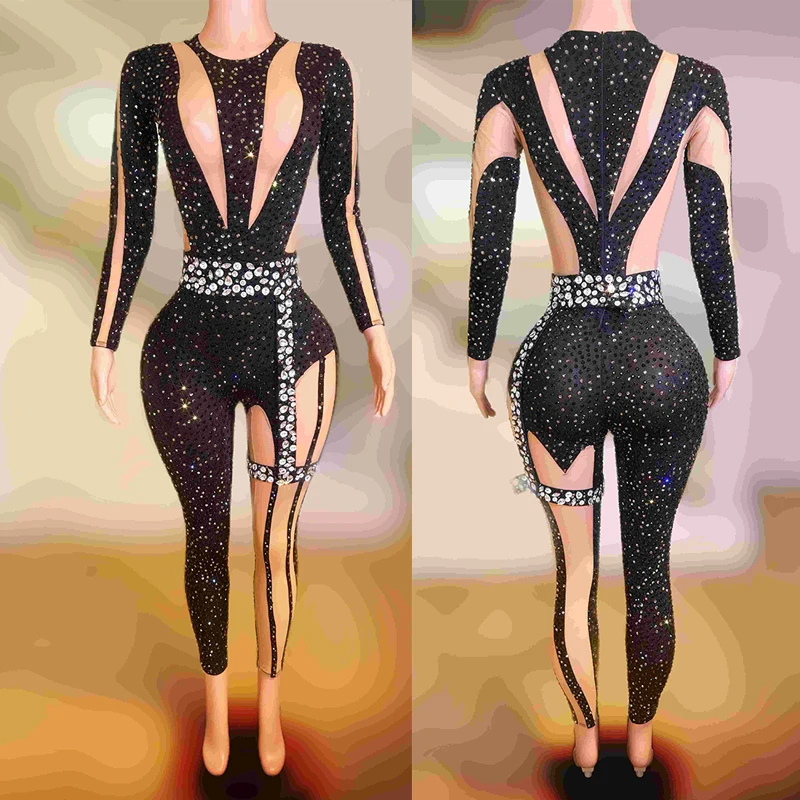 Full Diamond Dj Bar Female Singer Stage Performance Jumpsuit Dance Team Ds Party Dress Gogo Theme Show Drag Queen Wear DN19168