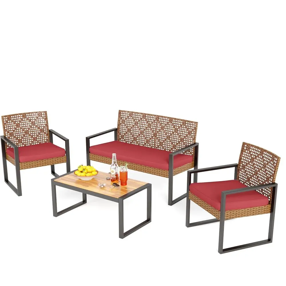 

4-Piece Outdoor Wicker Furniture Set with Brown Rattan Loveseat, Chairs, Red Cushions, and Acacia Wood Coffee Table for Patio, D