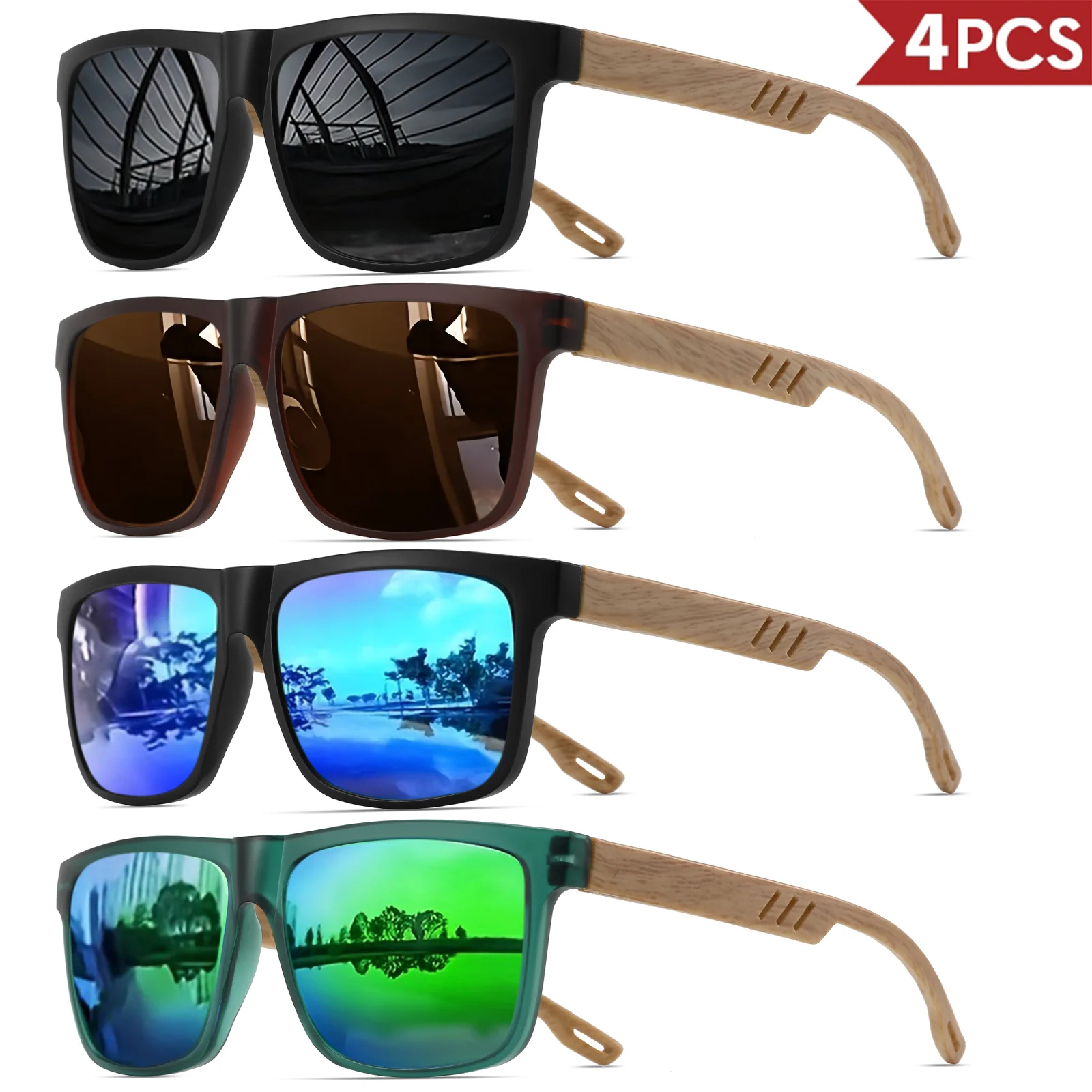4 stuks houtnerf veerscharnier zonnebril - klassiek retro vierkant frame, UV400 unisex comfort geschikt voor dagelijkse vrijetijdskleding