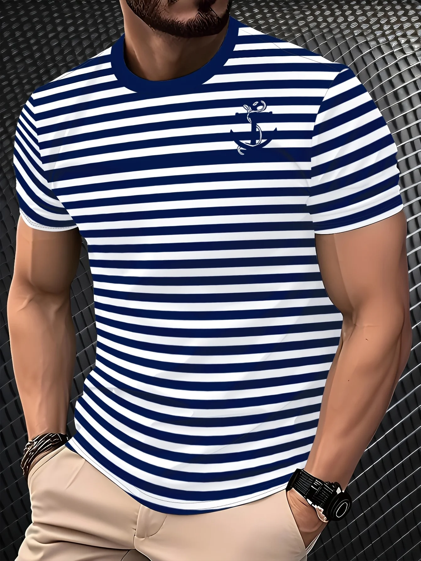 New men's short-sleeve T-shirt, loose-fitting and tailored with printed designs, versatile basic crew-neck top suitable for spri