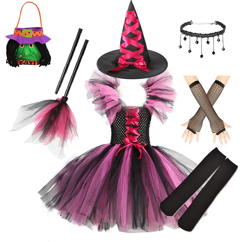 Halloween Maleficent Costume for Girls 2024 Fancy Purple Tutu Dress Kids Cosplay Demon Queen Witch Carnival Party Clothes