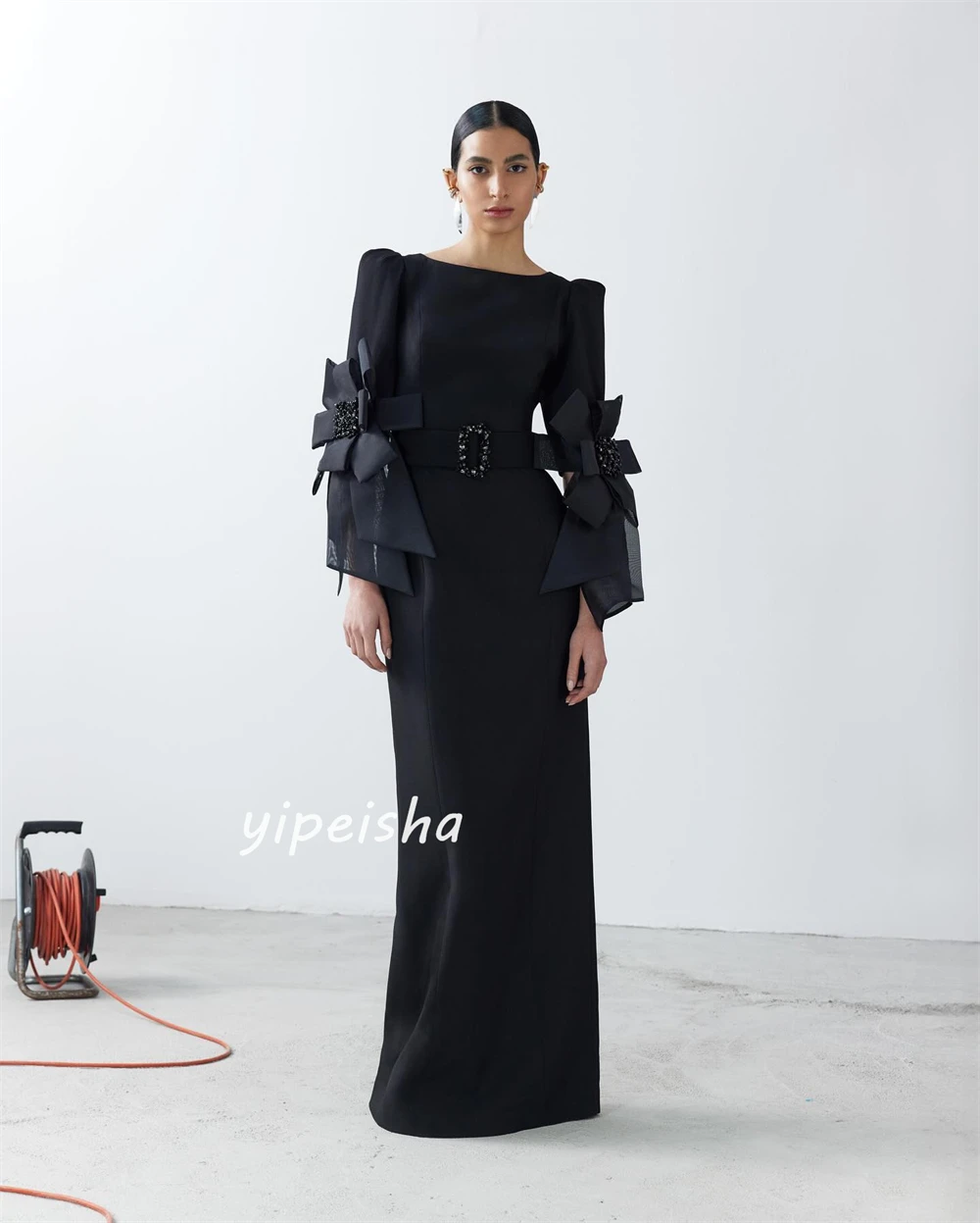 Jersey Sequined Flower Ruched Formal Evening A-line High Collar Bespoke Occasion Gown Long Dresses