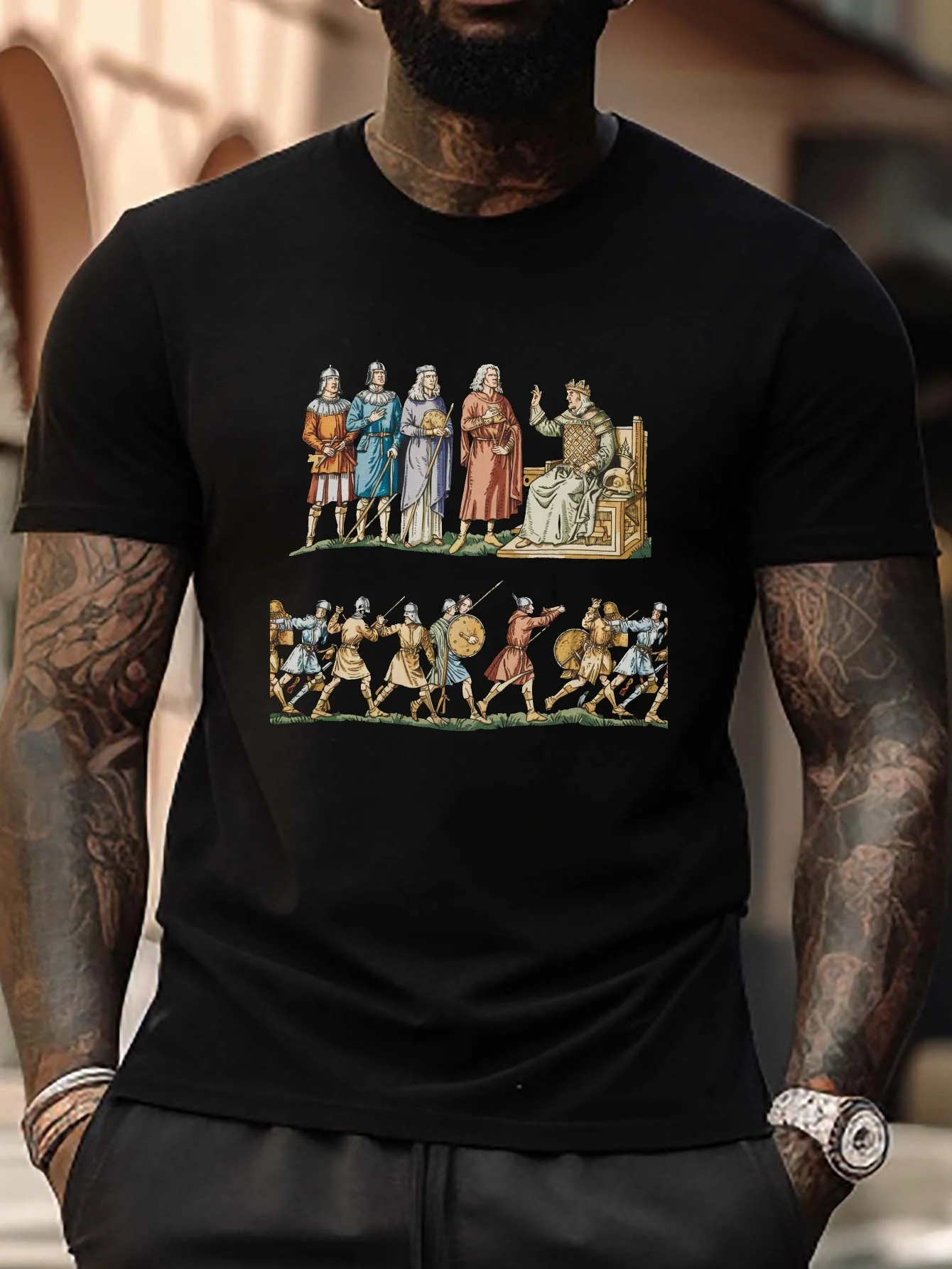 

Medieval Battle Scene Bayeux Inspired Graphic T-Shirt 100% Cotton O-Neck Short Sleeve Summer Casual Mens T-shirt Streetwear