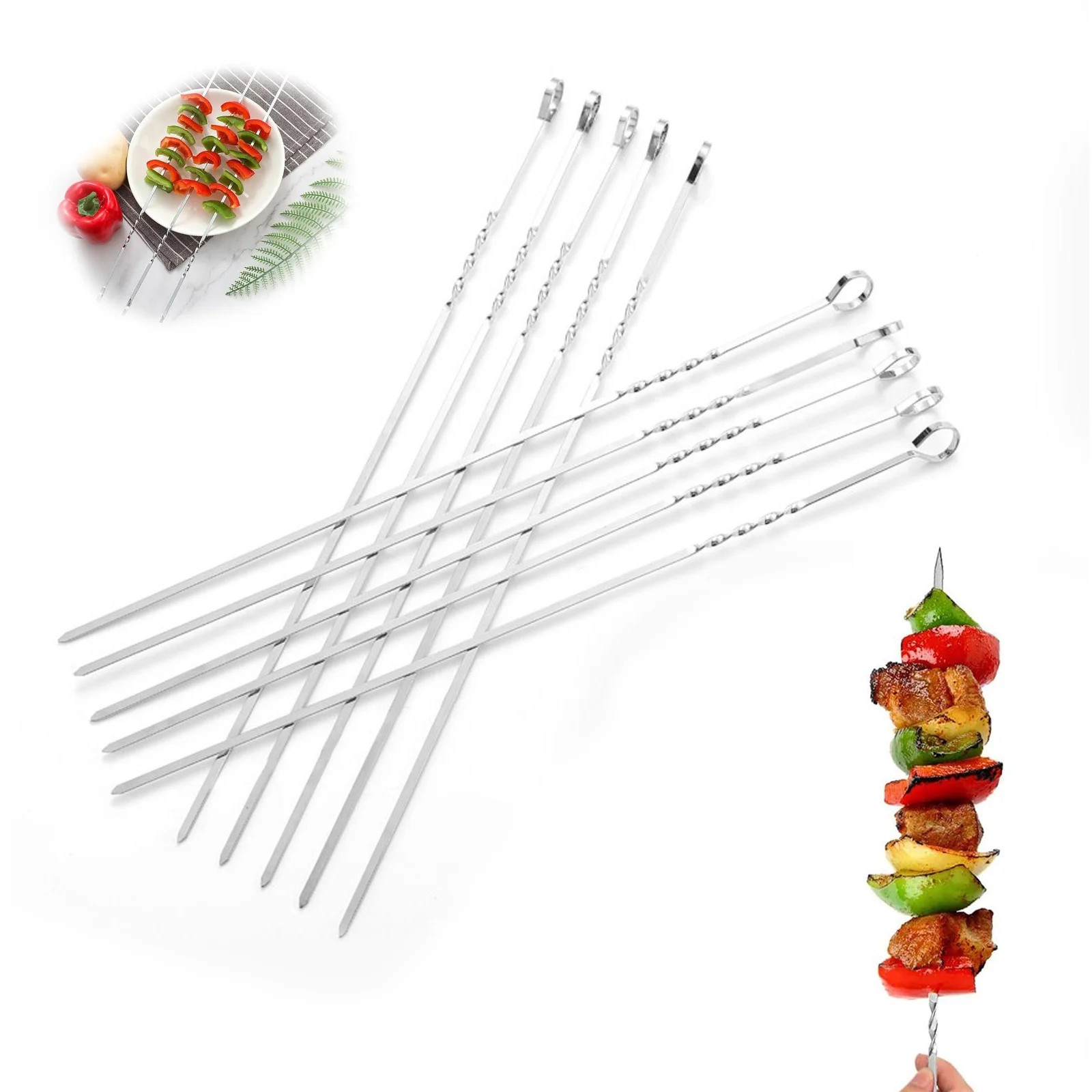 

10PCS Stainless Steel BBQ Skewers Flat - Reusable Grill Sticks for Meat/Shrimp/Veggie, Non-Bend Dishwasher Safe, Camping Barbecu