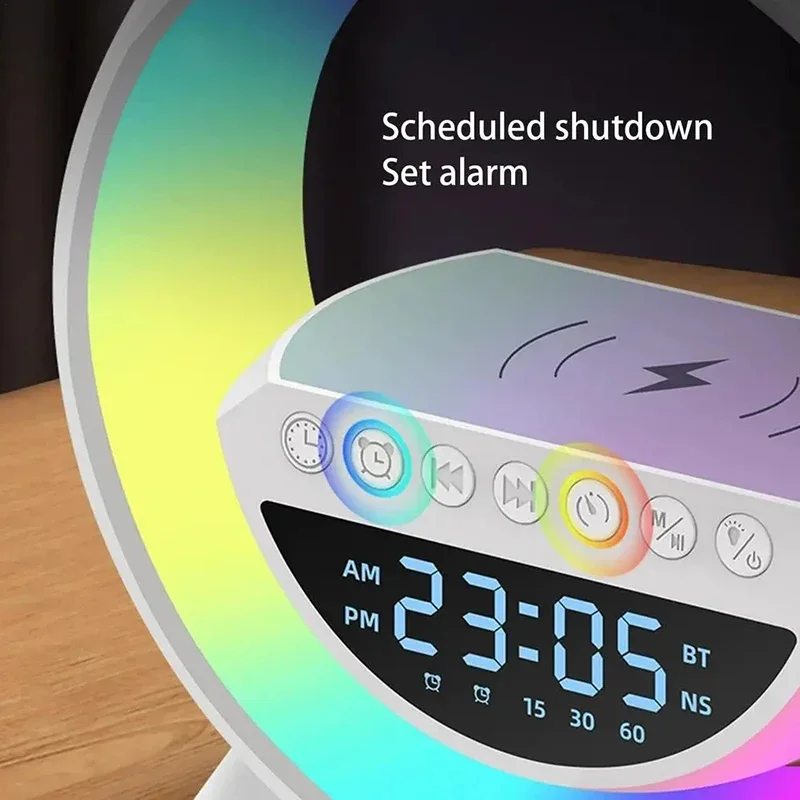 Lampu malam LED cerdas RGB, lampu malam LED cerdas bangun tidur dengan jam Alarm, pengisi daya nirkabel, Speaker Bluetooth untuk dekorasi ruang kamar tidur jam Alarm