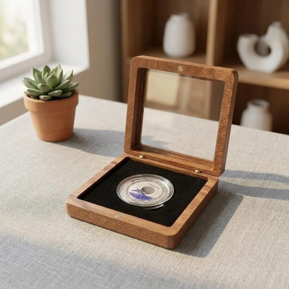 New Silver Coin Commemorative Coin Badge Box Black/White Walnut Wood Ancient Coin Collection Box Badge Window Box Gift Box