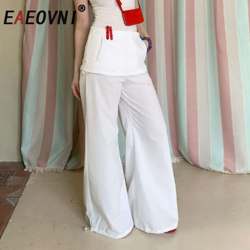 

EAEOVNI Casual Women Wide Leg Trousers Fashion Waist Patchwork Design Solid Color Long Pants Fashion 2025 New Clothing 1A772