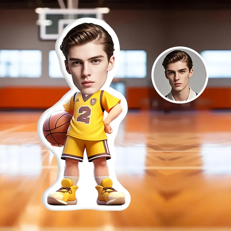 A Customized Throw Pillow for Basketball Enthusiasts, Featuring a Personalized Combination of Face and Body Photos, Using Double